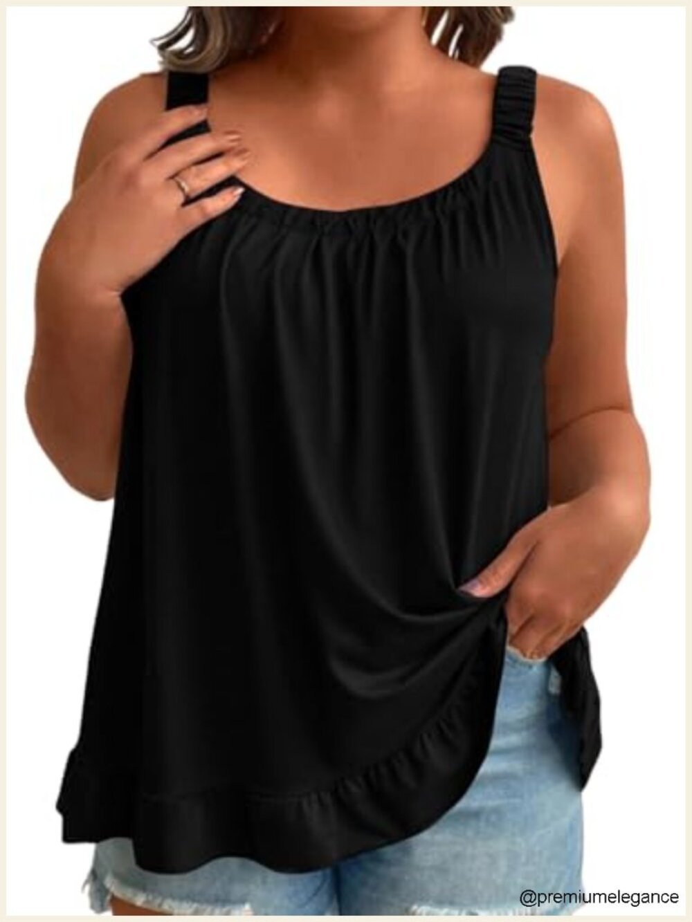 Plus Size Scoop Neck Tank Top Pleated Front Ruffle Hem Sleeveless